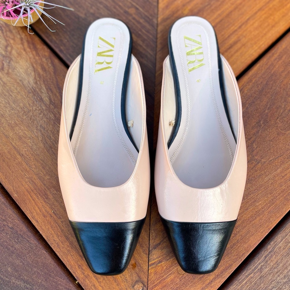 Zara mules colorblock leather flats cream black 9